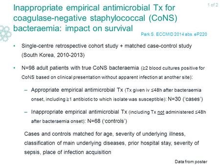 Inappropriate empirical antimicrobial Tx for coagulase-negative staphylococcal (CoNS) bacteraemia: impact on survival Single-centre retrospective cohort.