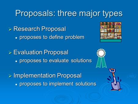 Proposals: three major types  Research Proposal proposes to define problem proposes to define problem  Evaluation Proposal proposes to evaluate solutions.