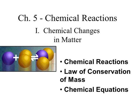 Ch. 5 - Chemical Reactions I. Chemical Changes in Matter Chemical Reactions Law of Conservation of Mass Chemical Equations.