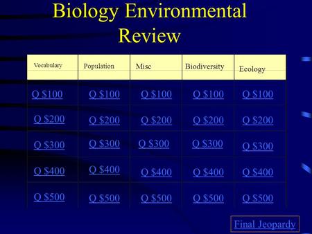 Biology Environmental Review Vocabulary Population MiscBiodiversity Ecology Q $100 Q $200 Q $300 Q $400 Q $500 Q $100 Q $200 Q $300 Q $400 Q $500 Final.