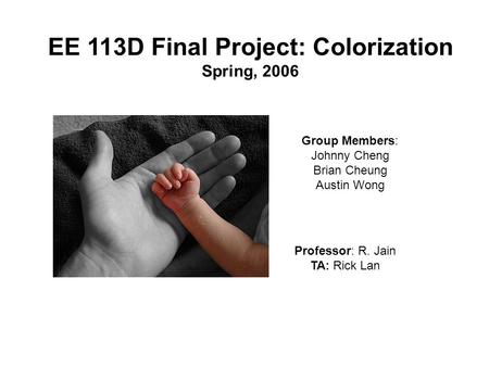 EE 113D Final Project: Colorization Spring, 2006 Group Members: Johnny Cheng Brian Cheung Austin Wong Professor: R. Jain TA: Rick Lan.