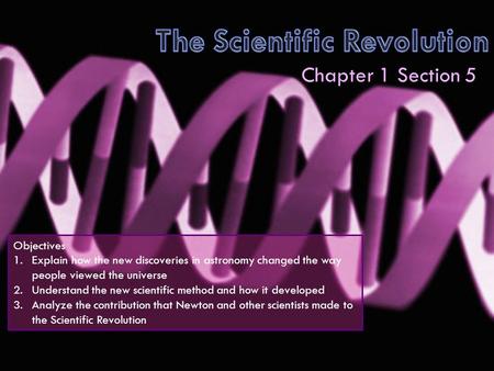 Chapter 1 Section 5 Objectives 1.Explain how the new discoveries in astronomy changed the way people viewed the universe 2.Understand the new scientific.