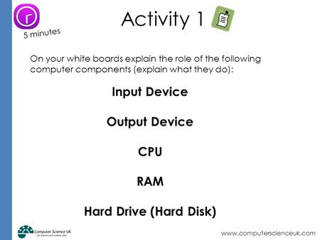 Activity 1 Input Device Output Device CPU RAM Hard Drive (Hard Disk)