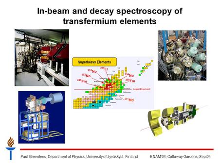 Paul Greenlees, Department of Physics, University of Jyväskylä, FinlandENAM’04, Callaway Gardens, Sept04 In-beam and decay spectroscopy of transfermium.