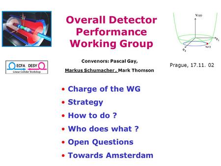 Overall Detector Performance Working Group Convenors: Pascal Gay, Markus Schumacher, Mark Thomson Charge of the WG Strategy How to do ? Who does what ?