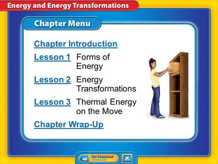 Chapter Menu Chapter Introduction Lesson 1Lesson 1Forms of Energy Lesson 2Lesson 2Energy Transformations Lesson 3Lesson 3Thermal Energy on the Move Chapter.