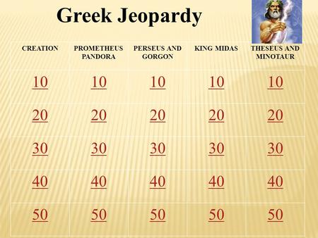 Greek Jeopardy CREATIONPROMETHEUS PANDORA PERSEUS AND GORGON KING MIDASTHESEUS AND MINOTAUR 10 20 30 40 50.