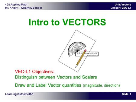 40S Applied Math Mr. Knight – Killarney School Slide 1 Unit: Vectors Lesson: VEC-L1 Intro to VECTORS Learning Outcome B-1 VEC-L1 Objectives: Distinguish.