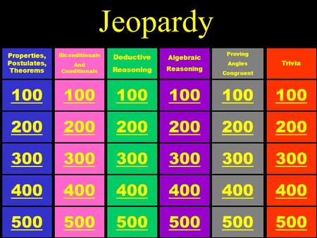 Jeopardy 100 Deductive Reasoning 500 300 200 400 100 Biconditionals And Conditionals 500 300 200 400 100 Properties, Postulates, Theorems 500 300 200.