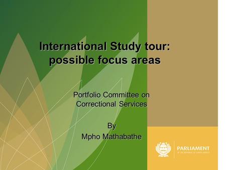 1 Portfolio Committee on Correctional Services By Mpho Mathabathe International Study tour: possible focus areas.