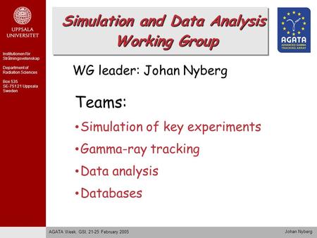 Teams: Simulation of key experiments Gamma-ray tracking Data analysis Databases Simulation and Data Analysis Working Group Department of Radiation Sciences.