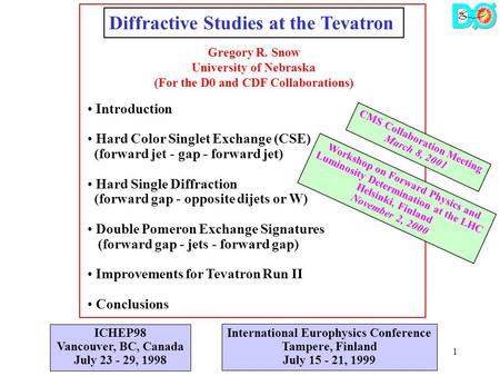 1 Diffractive Studies at the Tevatron Gregory R. Snow University of Nebraska (For the D0 and CDF Collaborations) Introduction Hard Color Singlet Exchange.