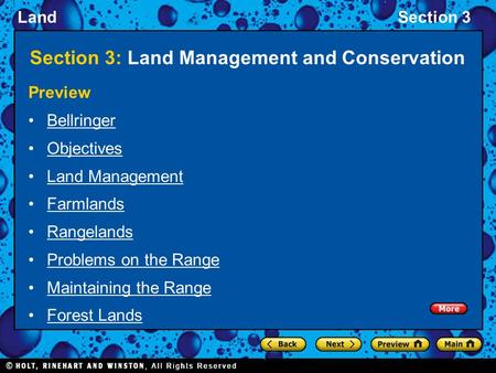 LandSection 3 Section 3: Land Management and Conservation Preview Bellringer Objectives Land Management Farmlands Rangelands Problems on the Range Maintaining.