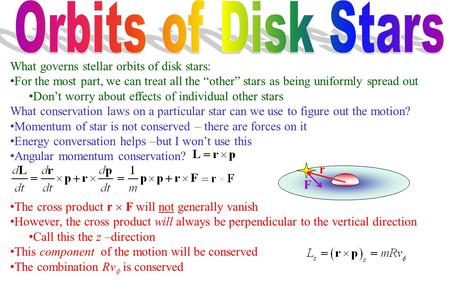 What governs stellar orbits of disk stars: For the most part, we can treat all the “other” stars as being uniformly spread out Don’t worry about effects.