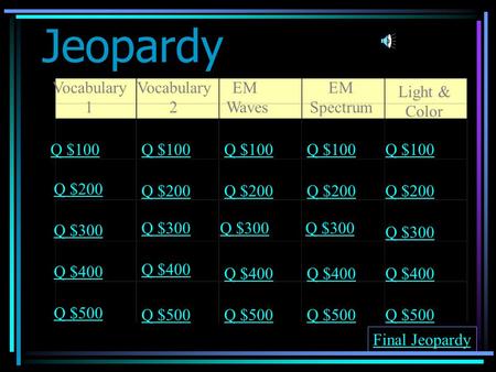 Jeopardy Vocabulary 1 Vocabulary 2 EM Waves EM Spectrum Light & Color Q $100 Q $200 Q $300 Q $400 Q $500 Q $100 Q $200 Q $300 Q $400 Q $500 Final Jeopardy.