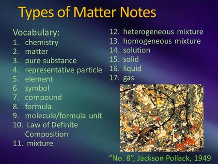 Types of Matter Notes Vocabulary: 1.chemistry 2.matter 3.pure substance 4.representative particle 5.element 6.symbol 7.compound 8.formula 9.molecule/formula.