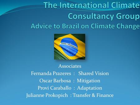 Associates Fernanda Prazeres : Shared Vision Oscar Barbosa : Mitigation Provi Caraballo : Adaptation Julianne Prokopich : Transfer & Finance.