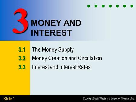 Copyright South-Western, a division of Thomson, Inc. Slide 1 MONEY AND INTEREST 3.1 3.1 The Money Supply 3.2 3.2 Money Creation and Circulation 3.3 3.3.