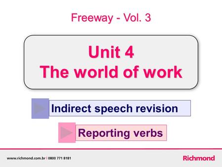 Reporting verbs Indirect speech revision Freeway - Vol. 3 Unit 4 The world of work.
