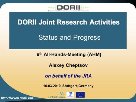 DORII Joint Research Activities DORII Joint Research Activities Status and Progress 6 th All-Hands-Meeting (AHM) Alexey Cheptsov on.