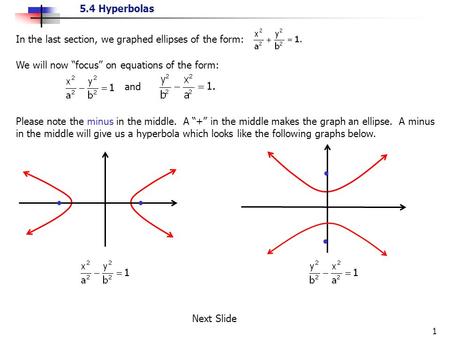 5.4 Hyperbolas 1 Please note the minus in the middle. A “+” in the middle makes the graph an ellipse. A minus in the middle will give us a hyperbola which.