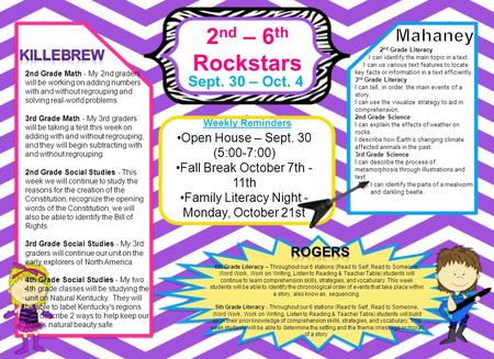 2 nd – 6 th Rockstars Sept. 30 – Oct. 4 Weekly Reminders 4th Grade Literacy – Throughout our 6 stations (Read to Self, Read to Someone, Word Work, Work.