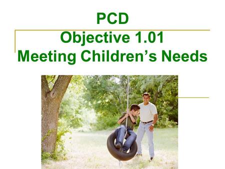 PCD Objective 1.01 Meeting Children’s Needs. Nurture Children Providing the type of care that encourages healthy growth and development Giving a child.