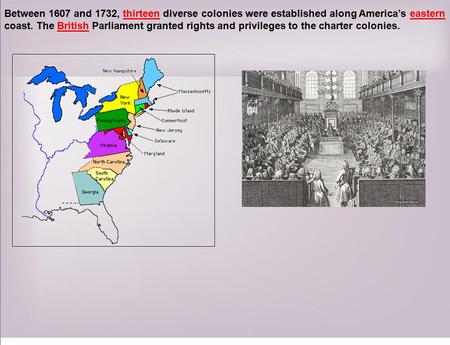 Between 1607 and 1732, thirteen diverse colonies were established along America’s eastern coast. The British Parliament granted rights and privileges to.
