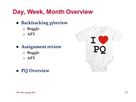 CPS 100e, Spring 2010 7.1 Day, Week, Month Overview l Backtracking p/review  Boggle  APT l Assignment review  Boggle  APT l PQ Overview.