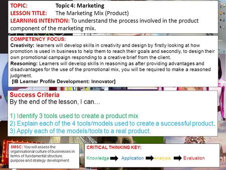 TOPIC:Topic 4: Marketing LESSON TITLE:The Marketing Mix (Product) LEARNING INTENTION: To understand the process involved in the product component of the.