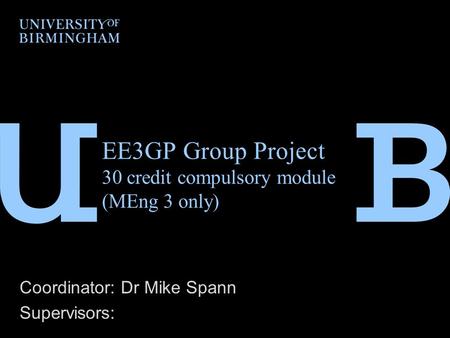 EE3GP Group Project 30 credit compulsory module (MEng 3 only) Coordinator: Dr Mike Spann Supervisors: