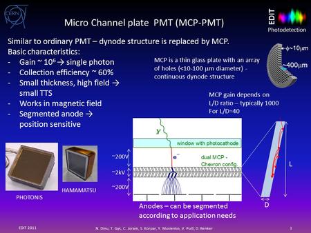Photodetection EDIT EDIT 2011 N. Dinu, T. Gys, C. Joram, S. Korpar, Y. Musienko, V. Puill, D. Renker 1 Micro Channel plate PMT (MCP-PMT) Similar to ordinary.