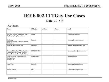 May, 2015 doc.: IEEE 802.11-2015/0625r0 Submission IEEE 802.11 TGay Use Cases Date: 2015-5 Authors: