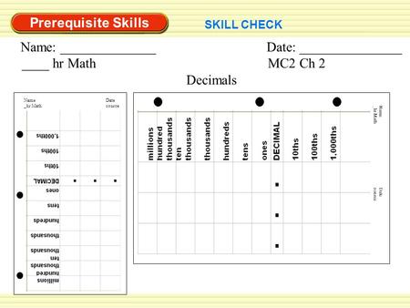 Prerequisite Skills SKILL CHECK Name: ______________Date: _______________ ____ hr MathMC2 Ch 2 Decimals NameDate _hr Mathsource NameDate _hr Mathsource.