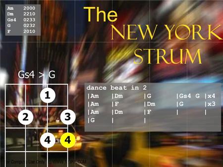 The NEW YORK strum dance beat in 2 |Am |Dm |G |Gs4 G |x4 |Am |F |Dm |G |x3 |Am |Dm |F | | |G | | Am2000 Dm2210 Gs40233 G0232 F2010 Gs4 > G 4 4 1 2 3.