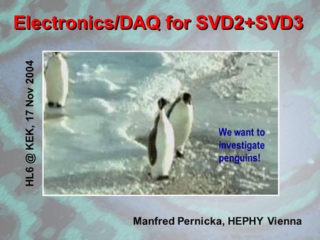 Electronics/DAQ for SVD2+SVD3 KEK, 17 Nov 2004 Manfred Pernicka, HEPHY Vienna We want to investigate penguins!