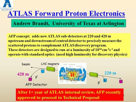 ATLAS Forward Proton Electronics Andrew Brandt, University of Texas at Arlington 1 AFP concept: adds new ATLAS sub-detectors at 220 and 420 m upstream.