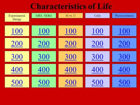Characteristics of Life 100 200 300 400 500 100 200 300 400 500 100 200 300 400 500 100 200 300 400 500 100 200 300 400 500 Experimental Design MRS. NERGM.
