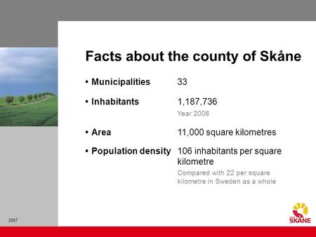 2007 Municipalities 33 Inhabitants 1,187,736 Year 2006 Area 11,000 square kilometres Population density106 inhabitants per square kilometre Compared with.
