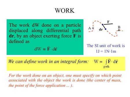 WORK The work dW done on a particle displaced along differential path dr, by an object exerting force F is defined as A B F dr The SI unit of work is 1J.