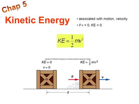 Kinetic Energy Chap 5 associated with motion, velocity.