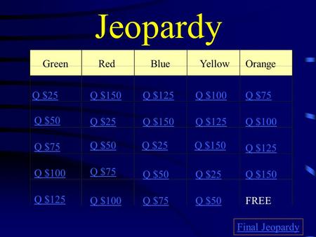 Jeopardy GreenRedBlueYellow Orange Q $25 Q $50 Q $75 Q $100 Q $125 Q $150Q $100Q $125Q $75 Q $25Q $150Q $125Q $100 Q $50Q $25Q $150 Q $125 Q $75 Q $50Q.