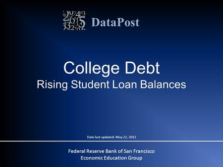 DataPost College Debt Rising Student Loan Balances Federal Reserve Bank of San Francisco Economic Education Group Date last updated: May 22, 2012.