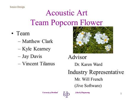 Senior Design 1 Acoustic Art Team Popcorn Flower Team –Matthew Clark –Kyle Kearney –Jay Davis –Vincent Tilanus University of Portland School of Engineering.