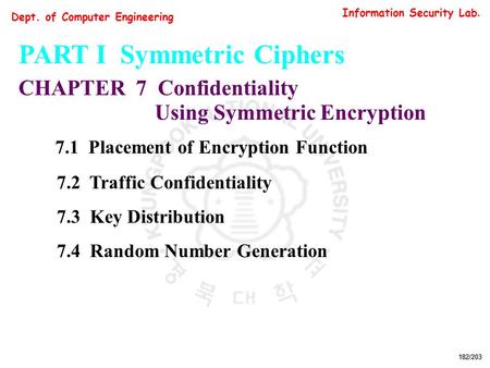 Information Security Lab. Dept. of Computer Engineering 182/203 PART I Symmetric Ciphers CHAPTER 7 Confidentiality Using Symmetric Encryption 7.1 Placement.