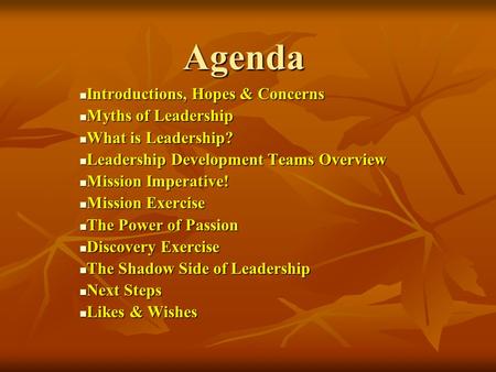 Agenda Introductions, Hopes & Concerns Introductions, Hopes & Concerns Myths of Leadership Myths of Leadership What is Leadership? What is Leadership?