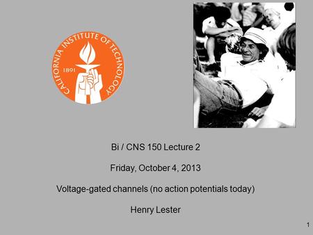 1 Bi / CNS 150 Lecture 2 Friday, October 4, 2013 Voltage-gated channels (no action potentials today) Henry Lester.