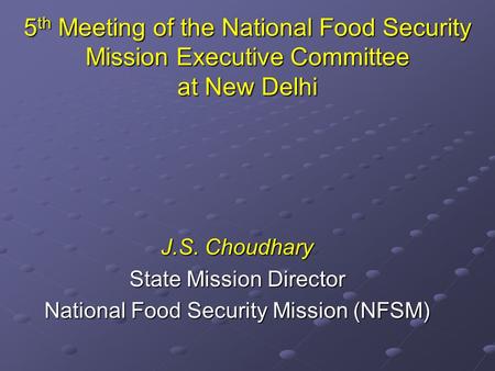 5 th Meeting of the National Food Security Mission Executive Committee at New Delhi J.S. Choudhary State Mission Director National Food Security Mission.