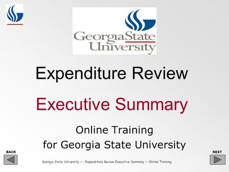 BACKNEXT Georgia State University --- Expenditure Review Executive Summary -- Online Training Online Training for Georgia State University Expenditure.