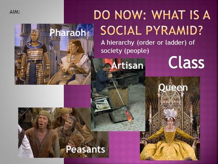 A hierarchy (order or ladder) of society (people) Pharaoh Peasants Artisan Queen AIM: